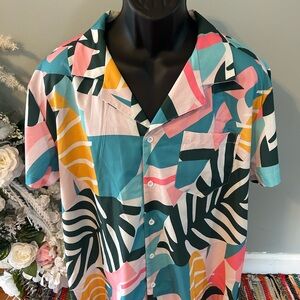 Neon Hawaiian Tropical Button Up Flower Aloha Shirt Geometric Pattern AOP 2XL